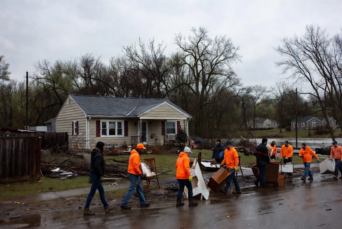 Volunteers work a flooded home in Newaygo County.