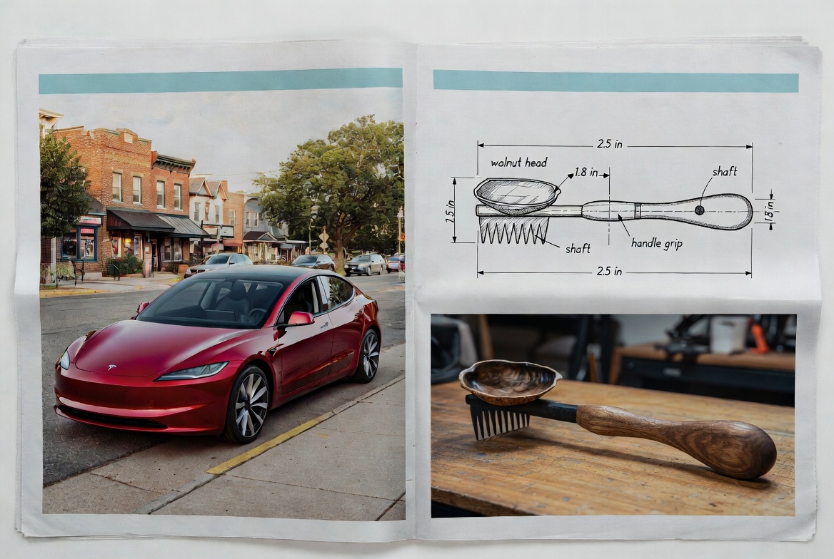 Tesla on a Fremont-style Main Street, plus the homemade walnut-head back scratcher and shop schematic — the unofficial gift of the Newaygo County tech beat.